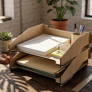 May include: A two-tier light wood document tray organiser featuring a built-in cylindrical pen holder on the right side. The top tray holds a stack of white paper, a clear stapler, and a small stack of colourful sticky notes, while the bottom tray holds folders.