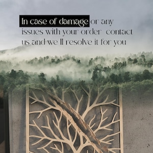 May include: A wooden tree-shaped wall art with a natural wood finish, featuring a detailed branch design. The background shows a misty forest scene. Text on the image reads: "In case of damage or any issues with your order contact us and we'll resolve it for you."