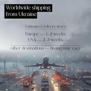 May include: An airplane taking off over a cityscape with text that reads "Worldwide shipping from Ukraine." Additional text indicates estimated delivery times for Europe and the USA, with a note about other destinations.