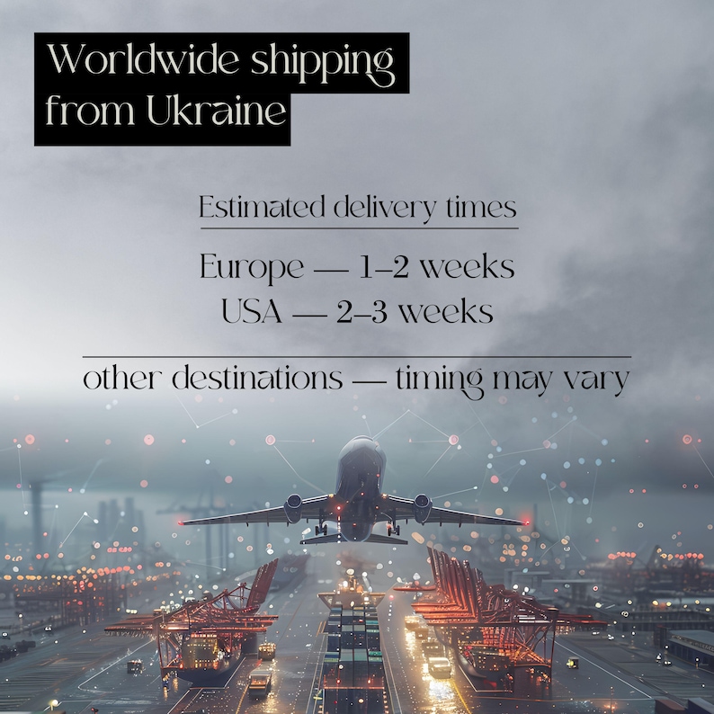 May include: An airplane taking off over a cityscape with text that reads "Worldwide shipping from Ukraine." Additional text indicates estimated delivery times for Europe and the USA, with a note about other destinations.