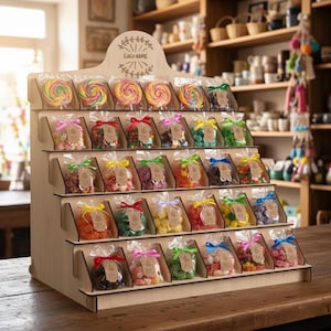 Puede incluir: Un expositor de madera lleno de piruletas de colores y bolsas de caramelos variados. Las piruletas están dispuestas en la parte superior, mientras que los caramelos están en bolsas transparentes atadas con cintas. El expositor tiene el texto "LOGO NAME".