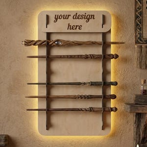 May include: A wooden display shelf with five wands. The wands are various shades of brown and have unique carved designs. The shelf has the text "your design here" at the top. The background is a warm, neutral color.