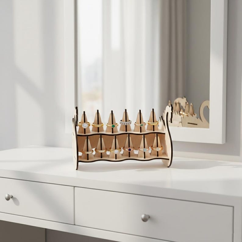 May include: A wooden ring display stand with multiple ring holders. The stand is made of light-colored wood and is filled with various rings. The stand is on a white dresser with a mirror in the background.