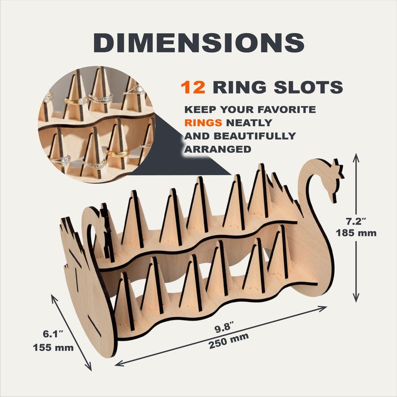May include: Wooden ring holder with a swan design. It has 12 ring slots and dimensions of 9.8" long, 6.1" wide, and 7.2" high. The text reads "Keep your favorite rings neatly and beautifully arranged."