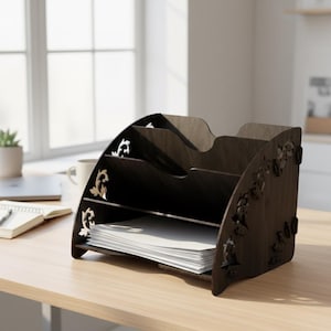 May include: A dark brown wooden desk organizer featuring three tiered compartments for document storage. The side panels are decorated with intricate laser-cut leaf patterns, and the unit holds a stack of white paper in the bottom section.
