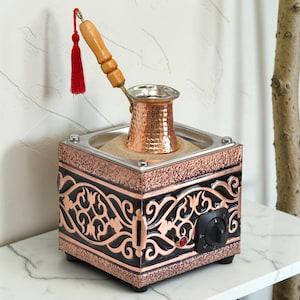 Handgjord kopparsandkaffebryggare - Autentisk turkisk, grekisk och arabisk elektrisk varm sandvärmare med kopparkanna, 110V-220V, 450W