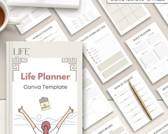 Life Planner Canva Template | All-In-One Digital Planner | Editable PLR + MRR Digital Products | Habit and Budget Trackers | Pdf Download