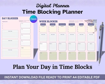 Time Blocking Planner Digital | Canva Editable Weekly Planner | Daily Planner PDF | Undated Printable Schedule | ADHD Focus Planner