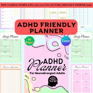 May include: ADHD Friendly Planner with a pink and green design. The planner includes sections for study, projects, and class attendance. The cover features the text "ADHD Planner For Neurodivergent Adults". The planner is a Canva template with 50 pages.