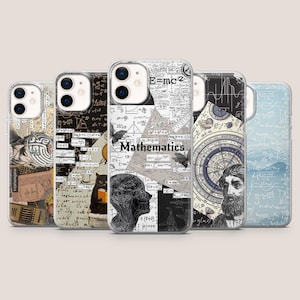 Op de afbeelding: Een collectie van vijf smartphonehoesjes met diverse academische ontwerpen. De hoesjes tonen wiskundige formules, de tekst Mathematics, E=mc2, diagrammen van menselijke hoofden, een kat die een boek leest en historische portretten.