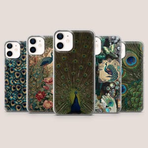 May include: Five clear phone cases featuring various peacock-themed designs. The patterns include repeating peacock feather eyes, a peacock standing among pink flowers, a full peacock display, a collage with a peacock, and a close-up of feathers.