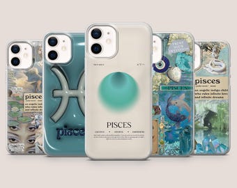 Puede incluir: Una colección de cinco fundas para teléfono con varios diseños. Las fundas presentan imágenes del signo zodiacal de Piscis, incluyendo una esfera de color turquesa, el símbolo de Piscis y el texto "PISCES". Las fundas tienen un acabado transparente y brillante.