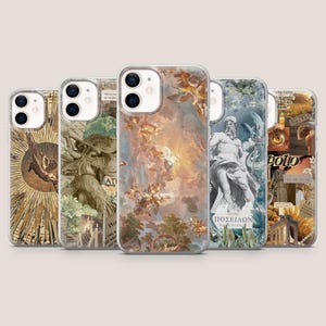 May include: Five smartphone cases featuring classical art collages. The designs include a sunburst motif, a warrior figure, a celestial scene with clouds, a statue of Poseidon with Greek text, and a collage labelled Apollo with architectural elements.