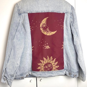 Customised celestial sun and moon patch Borg lined denim jacket