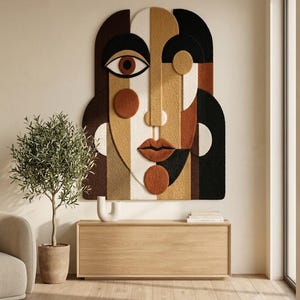 Handmade Abstract Face Tufted Wall Rug, Modern Scandinavian Textile Art