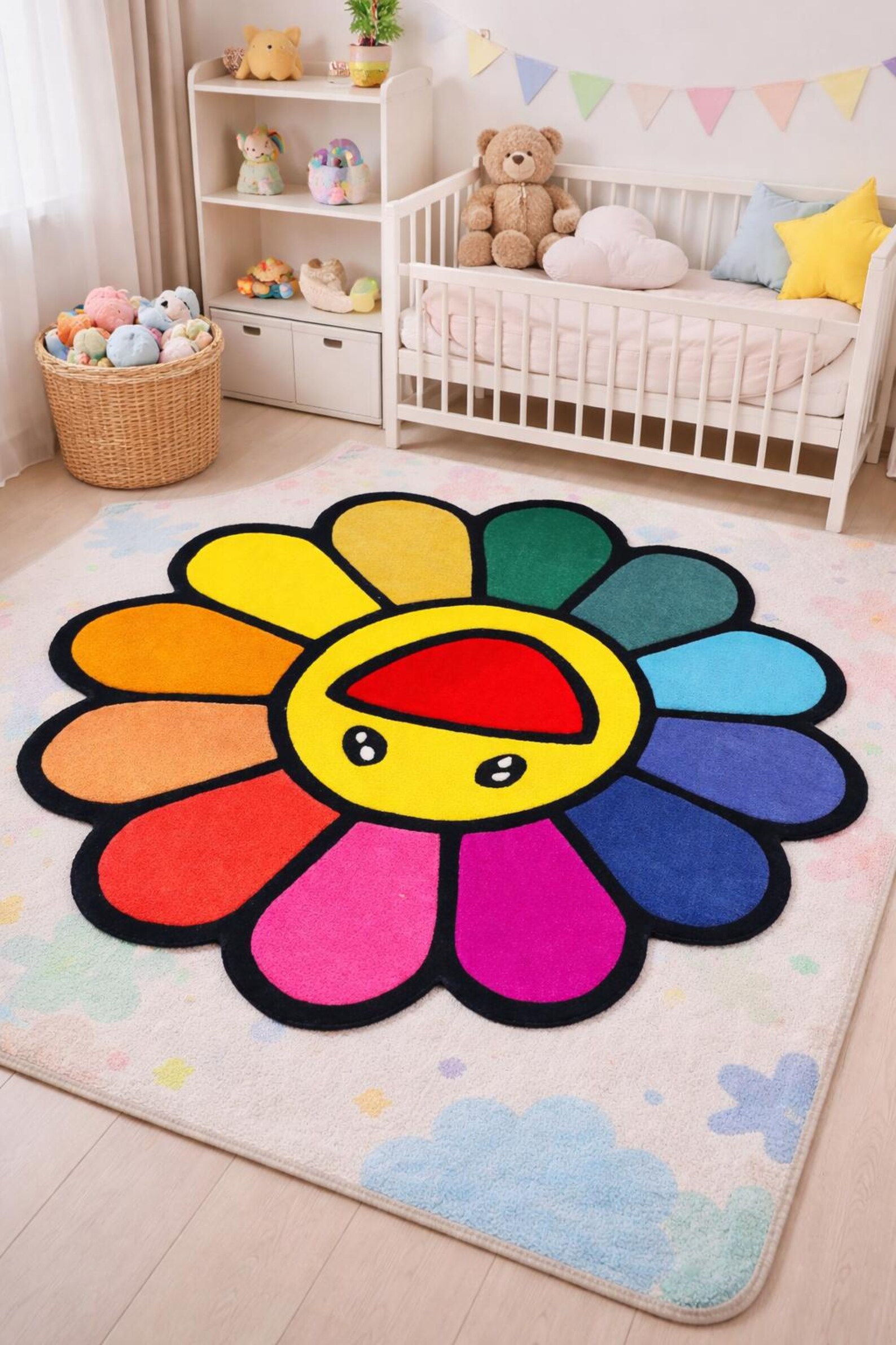 Daisy Shape Rug Round Murakami Rainbow Colourful Flower Hand Tufted Smiley Funky Daisy ...