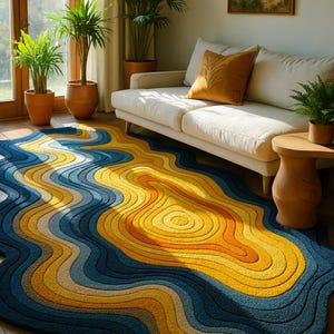 May include: An abstract rug with a flowing design in shades of blue, yellow, and beige. The rug is on a wooden floor in a living room, with a white sofa and potted plants in the background. The rug's design resembles a topographical map.