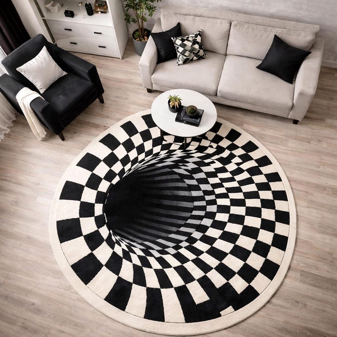 3D Vortex Optical Illusion Rug, Black White Round Carpet, Modern ...