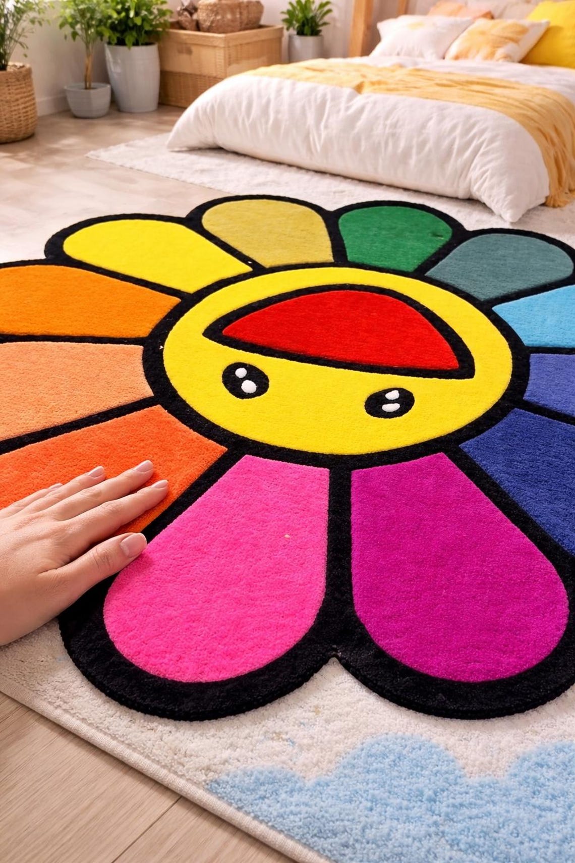 Daisy Shape Rug Round Murakami Rainbow Colourful Flower Hand Tufted Smiley Funky Daisy ...