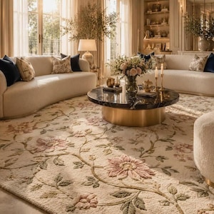Pode incluir: Um tapete grande com fundo creme e um padrão floral intrincado em tons de rosa e verde. O tapete está posicionado numa sala de estar com dois sofás curvos de cor creme, uma mesa de centro redonda de mármore preto e várias almofadas.