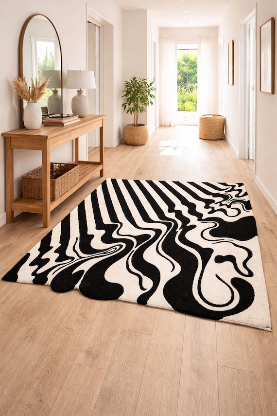 black and white area rug wavy pattern rug for living room custom size 8x10