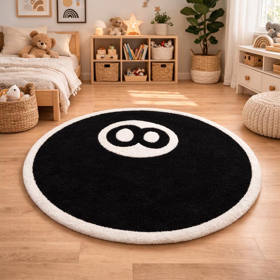 Round Rug With Pool Table 8 Ball Pool Round Rug, Billiards Game Room Carpet, Black White ...