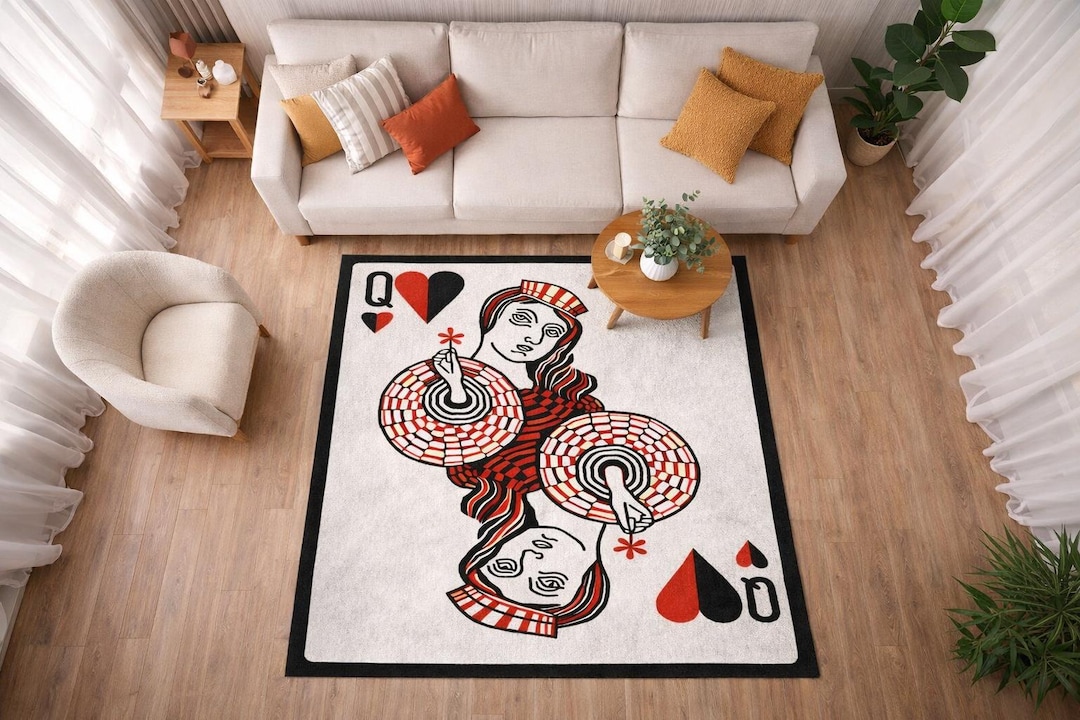 Queen of Hearts Playing Card Rug, Modern Graphic Casino Poker Decor ...