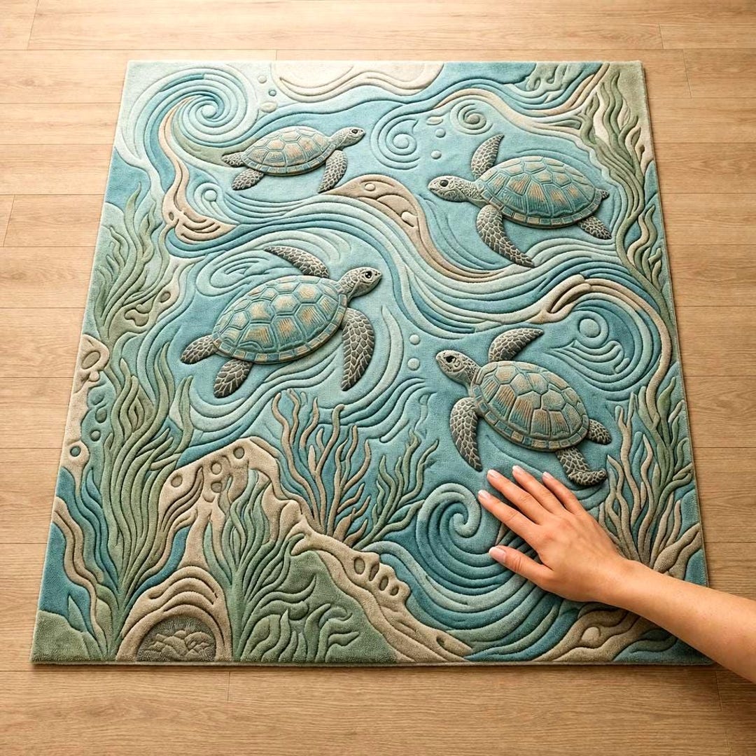 Turtle School Rug 8x10 Sea Turtle Kids Area Rug, 3D Carved Carpet, Coastal Beach House ...