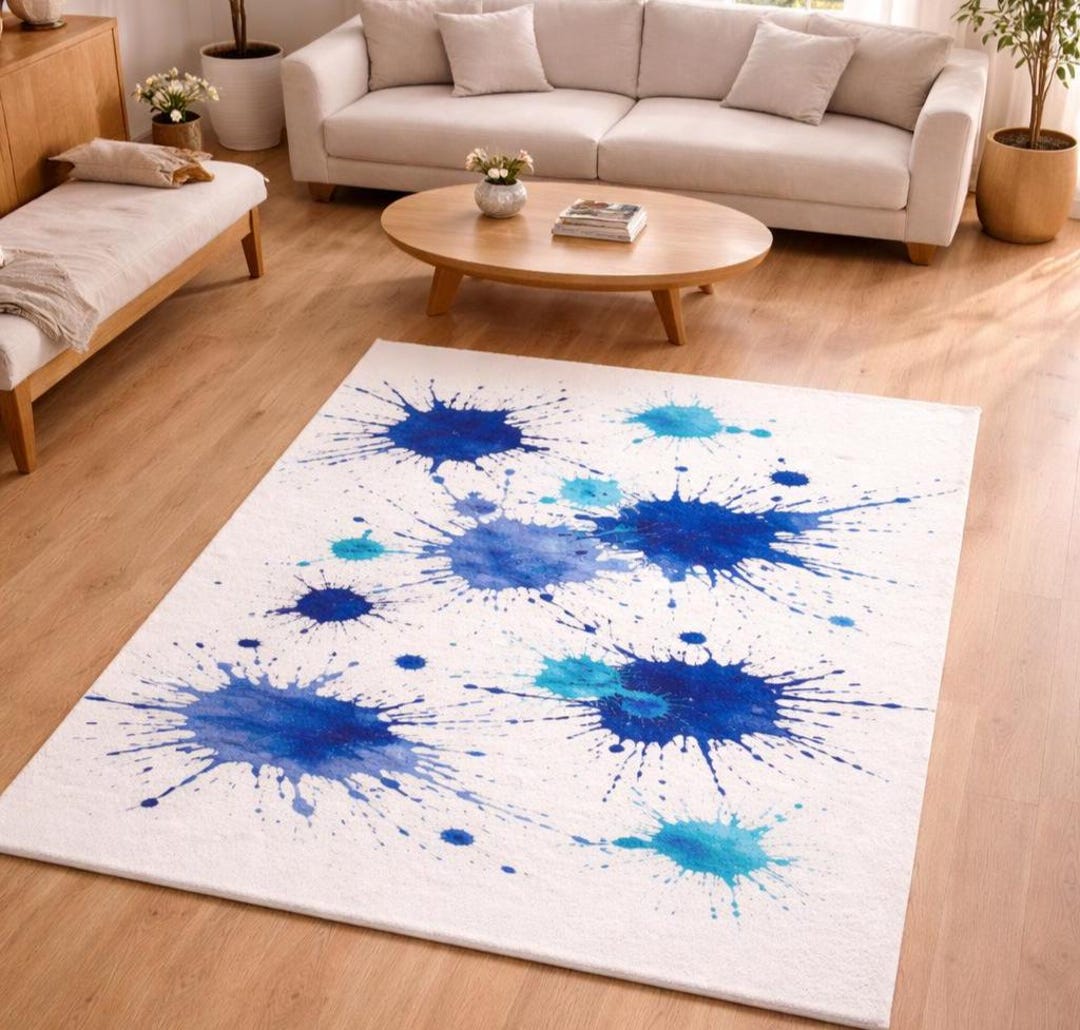 8x10 Blue Paint Splatter Rug: Abstract Modern Art Area Rug, Minimalist ...