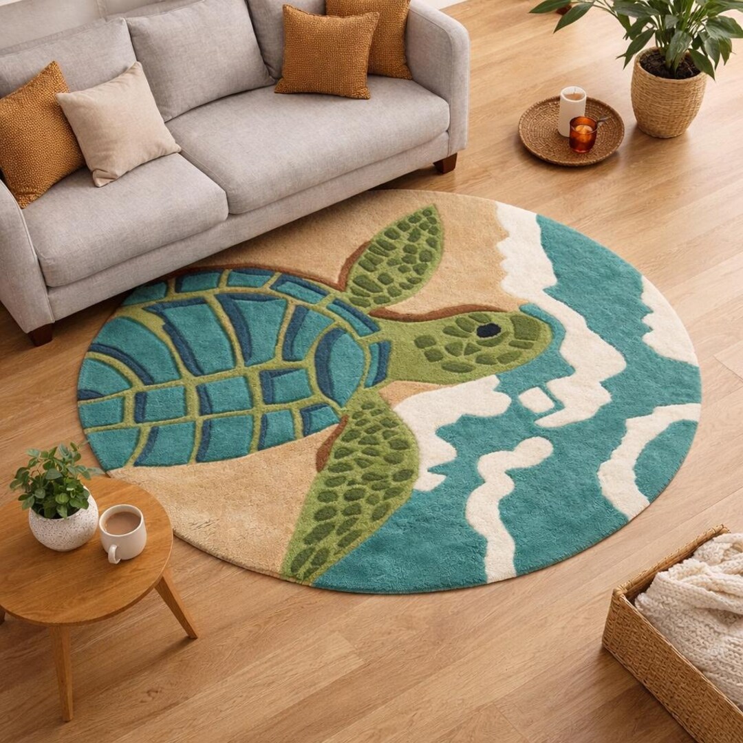 Round Turtle Area Rug, Ocean Theme Beach House Kids Carpet, Coastal ...