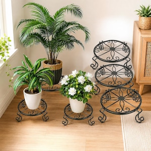 May include: A set of black metal plant stands featuring circular tops with decorative scrollwork patterns and curved legs. The stands are displayed in various sizes, some supporting potted green plants with white and green foliage.
