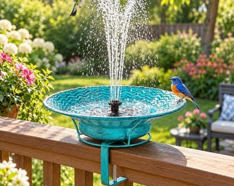 Solar Deck Railing Bird Bath, Vintage Blue Metal Fountain Bowl with Clamp, Outdoor Balcony Patio Garden Bird Feeder Decor