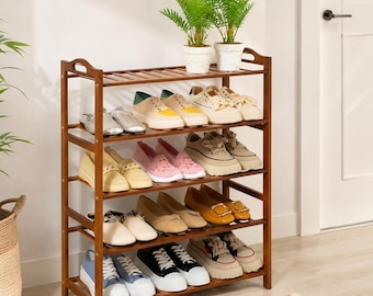 5 Tier Bamboo Shoe Rack, Freestanding Wooden Shoe Organizer, Entryway Storage Shelf for Closet, Bedroom and Small Spaces