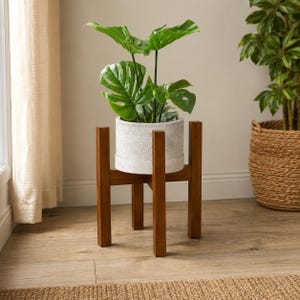 May include: A green monstera plant in a light gray speckled cylindrical pot, supported by a dark brown wooden plant stand with four vertical legs and a cross-shaped base, providing a stable elevated platform for the potted greenery.