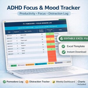 ADHD Focus & Mood Tracker 2026 | Excel Dashboard + Printable PDF | Pomodoro Log | Distraction Tracker | Mood Energy Journal  Digital Planner