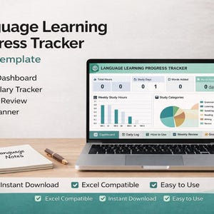 Language Study Planner for Busy Adults | Excel Tracker | Daily Log, Vocabulary, Weekly Review, Goals | Printable Study Planner Spreadsheet