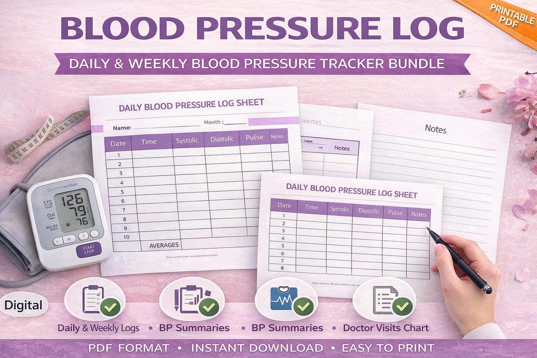 Blood Pressure Log Printable PDF – Daily & Weekly BP Tracker Bundle ...