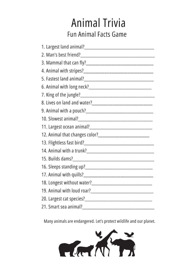 Animal Trivia Printable Game, Fun Animal Facts Quiz, Kids & Family ...