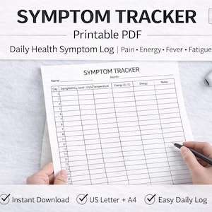Registro dei sintomi in formato PDF stampabile | Registro giornaliero dei sintomi di salute | Livello di dolore, energia, febbre | Rivista medica in formato A4