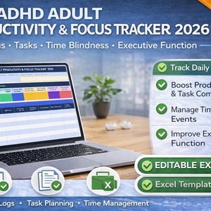 ADHD Adult Focus & Productivity Tracker 2026 | Excel Dashboard | Work Focus · Tasks · Time Blindness · Dopamine | Digital Planner for Adults