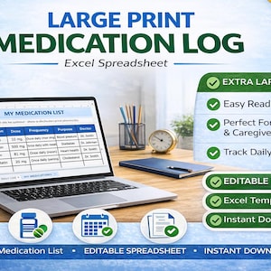 Registro de medicamentos en letra grande en Excel | Fuentes EXTRA GRANDES para personas mayores | Registro diario de medicamentos | Lectura fácil | Descarga digital