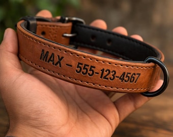Personalized Engraved Leather Dog Collar, Minimalist Pet ID Tag Alternative