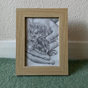 May include: A pencil sketch of two small animals, possibly hamsters or squirrels, nestled in cupped hands, framed in a light wood frame. The artwork is in grayscale, with detailed shading. The frame is rectangular and has a natural wood grain.