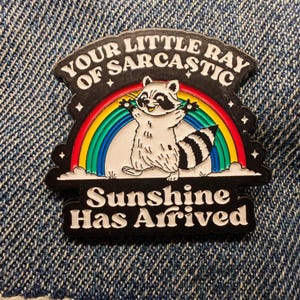 Pode incluir: Pin de esmalte preto e branco com um guaxinim em frente a um arco-íris e o texto "YOUR LITTLE RAY OF SARCASTIC SUNSHINE HAS ARRIVED". O pin tem uma borda preta e um fundo de ganga.
