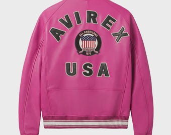 Conjunto Avirex feminino cropped de jaqueta e saia de couro rosa, jaqueta bomber de couro bovino genuíno, look streetwear fashion, presente para ela.