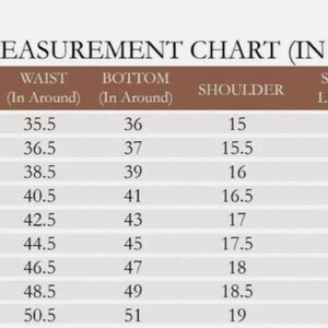 May include: A measurement chart titled LADIES MEASUREMENT CHART (IN INCHES) with rows for sizes XS through 5XL and columns for chest, waist, bottom, shoulder, sleeve length, and back length measurements in inches, presented in a brown and white table.