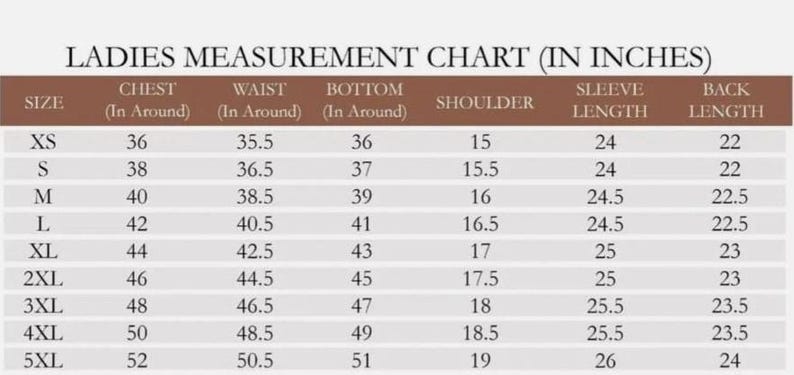 May include: A measurement chart titled LADIES MEASUREMENT CHART (IN INCHES) with rows for sizes XS through 5XL and columns for chest, waist, bottom, shoulder, sleeve length, and back length measurements in inches, presented in a brown and white table.