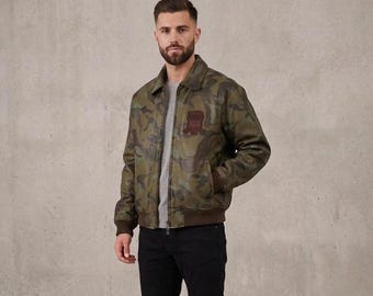Avirex Limited Edition Camo Leather Bomber Jacket, Genuine Cowhide Military Flight Coat
