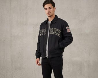 Avirex Black Bomber Jacket Men | Vintage Varsity Flight Jacket | Retro Aviation Outerwear | Streetwear Jacket