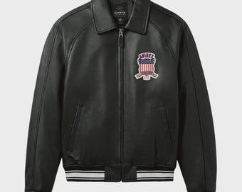 Trendy Avirex LONDON Leather Jacket for Men Real Sheep Leather Varsity Bomber American Flag Patch Streetwear Red Blue Black Moto Style Coat